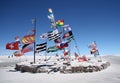 Flags in a salt desert of Salar de Uyuni