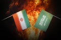 Flags of saudi arabia and Israel of america against background of a fiery explosion. The concept of enmity and war