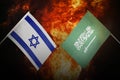 Flags of saudi arabia and Israel of america against background of a fiery explosion. The concept of enmity and war