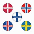 Flags of Scandinavia in circle shape, scandinavian northern states, nordic countries banners icons.