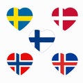 Flags of Scandinavia in heart shape, scandinavian northern states, nordic countries banners icons.