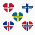 Flags of Scandinavia in heart shape, scandinavian northern states, nordic countries banners icons.