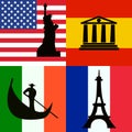 Flags set of America, Spain, Italy and France with sights