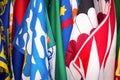 Flags of the Siena contrade districts, Palio festival background, in Siena, Tuscany Italy Royalty Free Stock Photo