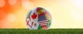 Flags soccer ball design with USA Canada and Mexico on orange background 3d-illustration