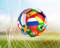 Flags soccer ball in soccer net. socer goal 3d rendering Royalty Free Stock Photo