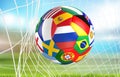 Flags soccer ball in soccer net. socer goal 3d rendering Royalty Free Stock Photo