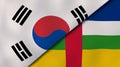 The flags of South Korea and Central African Republic. News, reportage, business background. 3d illustration