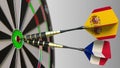 Flags of Spain and France on darts hitting bullseye of the target. International cooperation or competition conceptual