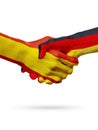 Flags Spain, Germany countries, partnership friendship handshake concept.