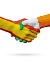 Flags Spain, Ireland countries, partnership friendship handshake concept.