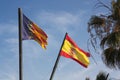 Flags of Spain and the Valencian Community in the port of Valencia Spain Royalty Free Stock Photo