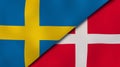 The flags of Sweden and Denmark. News, reportage, business background. 3d illustration