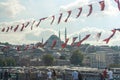 Flags of Turkey are hung over the streets of Istanbul. Political elections in Turkey