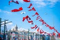 Flags of Turkey are hung over the streets of Istanbul. Political elections in Turkey