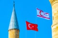 Flags of Turkey and Republic of Northern Cyprus waving between steeples of Selimiye mosque at Lefkosa, Cyprus Royalty Free Stock Photo