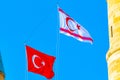 Flags of Turkey and Republic of Northern Cyprus waving between steeples of Selimiye mosque at Lefkosa, Cyprus Royalty Free Stock Photo