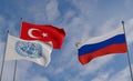 Flags turkey United Nations and Russia , meeting of the delegation turkey United Nations Russia, Ukraine Russia war 3D work and 3D