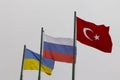Flags of Turkiye, Russia and Ukraine. Russian and Ukrainian conflict concept