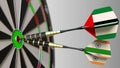 Flags of the UAE and India on darts hitting bullseye of the target. International cooperation or competition conceptual