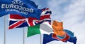 flags of UEFA, United Kingdom, Ireland, and EURO 2028 waving