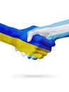 Flags Ukraine, Argentina countries, partnership friendship handshake concept.