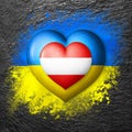 Flags of Ukraine and Austria. Two hearts in the colors of the flags are painted on the stone. Concept of protection, solidarity,