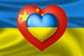 Flags of Ukraine and China. Two hearts in the colors of the flags on the background of the flag of Ukraine. Protection, solidarity