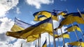 Flags of Ukraine in EU, sign of solidarity in the fight for freedom against the Russian occupiers. Against the blue sky. Slava