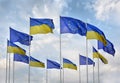 Flags of Ukraine and European Union EU against the blue sky. Royalty Free Stock Photo