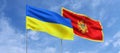 Flags of Ukraine and Montenegro on flagpoles in center. Flags on sky background. Place for text. Ukrainian. Podgorica. 3d