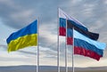 Flags of Ukraine, Russia, Donetsk People's Republic and Lugansk People's Republic. The Donetsk and Lugansk