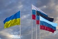 Flags of Ukraine, Russia, Donetsk People's Republic and Lugansk People's Republic. The Donetsk and Lugansk