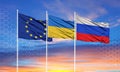 Flags of Ukraine, Russia and the European Union Royalty Free Stock Photo