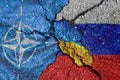 Flags of Ukraine, Russia and NATO. The concept of tense relations between Russia and Ukraine