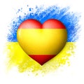 Flags of Ukraine and Spain. Heart color of the flag on the background of the painted flag of Ukraine. The concept of protection.