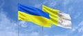 Flags of Ukraine and the Vatican on flagpoles in center. Flags on sky background. Place for text. Ukrainian. Holy See. 3d