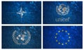 Flags of UNICEF, NATO, United Nation and EURO