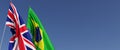 Flags of the United Kingdom and Brazil on flagpoles on side. Flags on a blue background. Great Britain, England. South America. 3D