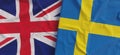 Flags of United Kingdom and Sweden. Linen flags close-up. Flag made of canvas. Great Britain. English. Swedish. National symbols.