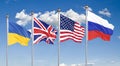 Flags of United States of America, United Kingdom, Russia, and Ukraine. Budapest Memorandum on Security Assurances. 3D Royalty Free Stock Photo