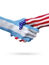 Flags of United States and Argentina countries, overprinted handshake.