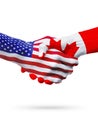 Flags United States and Canada countries, partnership handshake.