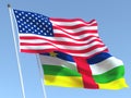 The flags of United States and Central African Republic on the blue sky. For news, reportage, business. 3d illustration