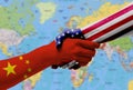 Flags United States, China , handshake cooperation, partnership, friendship or sports team competition concept