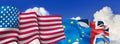 flags of the United States, the European Union and England fluttering in the wind against the background of a sky with white Royalty Free Stock Photo