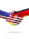 Flags of United States and Germany countries, overprinted handshake.