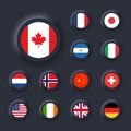 Flags of United States, Italy, China, France, Canada, Japan, Ireland, Kingdom, Nicaragua, Norway, Switzerland, Netherlands. Round