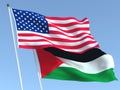 The flags of United States and Palestine on the blue sky. For news, reportage, business. 3d illustration