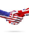 Flags United States, United Kingdom countries, partnership handshake.